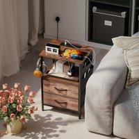 HOMCOM Slim Side Table with Charging Station, Bedside Table, Rustic Brown