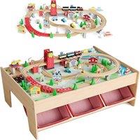 London Boutique 2-in-1 Wooden Train Table Playset City Railway Track Set w/Train&3-Bin