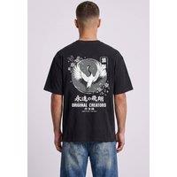 LONDON ATTITUDE Men's Japanese Crane Oversized Heavyweight Back Print T-Shirt in Black | Size: Large