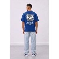 LONDON ATTITUDE Men's Japanese Crane Oversized Heavyweight Back Print T-Shirt in Royal | Size: Large