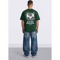 LONDON ATTITUDE Men's Japanese Crane Oversized Heavyweight Back Print T-Shirt in Green | Size: XL