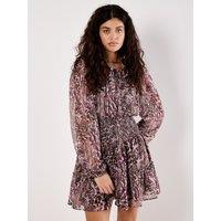 Apricot Women's Feather Print Chiffon Mini Dress in Burgundy | Size: 12