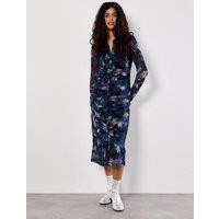 Apricot Women's Floral Mesh Ruched Midi Dress in Teal | Size: 10