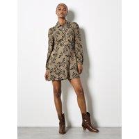 Apricot Women's Leaf Print Shirt Mini Dress in Khaki | Size: 14