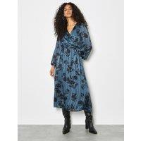 Apricot Women's Satin Shimmer Floral Wrap Midaxi Dress in Blue | Size: 12