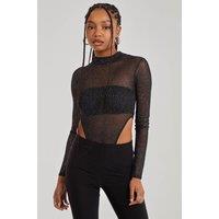 Pink Vanilla Women's Glitter Long Sleeve Bodysuit in Black | Size: 8
