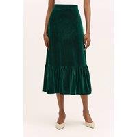 Finery London Women's Joline Velvet Tiered Midi Skirt in Bottle Green | Size: 14