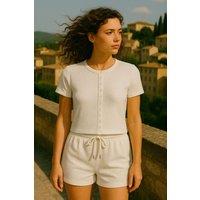 STYLEWISE Women's Ribbed Button-Through Short Sleeve Top & Shorts Co-ord in White | Size: Large/XL