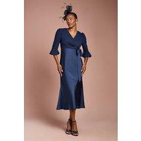 Coast Women's Ruffle Sleeve Satin Back Crepe Midi Wrap Dress in Navy | Size: 12