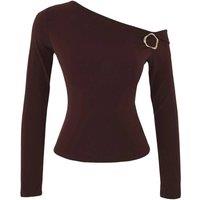 WOVCOR Women's Asymmetric Collar Knit Blouse with Accessory Detail in Brown | Size: XS
