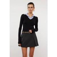 WOVCOR Women's Woven Shirt Collar Knit Blouse With Stretch Detail in Black | Size: XS