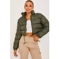 STYLEWISE Women's Drawstring Detail - Cropped Fit - Puffer Jacket in Khaki | Size: Large