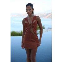 LEMONLUNAR Women's Satin cut-out mini dress - bandage fabric, plunge neckline, bodycon in Brown | Size: Small