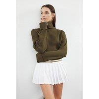 WOVCOR Women's Cropped Ribbed Turtleneck Knit Jumper in Khaki | Size: Medium