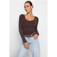 WOVCOR Women's Faux Suede Long Sleeve Bodysuit in Brown | Size: Large