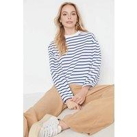 WOVCOR Women's Striped Crew Neck Cotton Sweatshirt in Blue | Size: Small