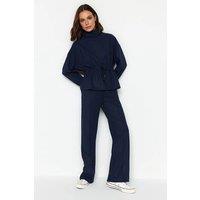 WOVCOR Women's Wide-Leg Knit Joggers with Drawstring Waist & Pockets in Navy | Size: Large