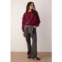WOVCOR Women's Fleece Lined Knit Sweatshirt with Ribbon Detail in Burgundy | Size: XS