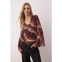 WOVCOR Women's Printed V Neck Tulle Stretch Knit Blouse with Flared Sleeve Detail | Size: XL
