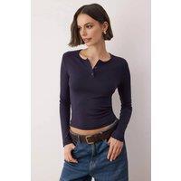 WOVCOR Women's Crew Neck Button Front Stretch Knit Blouse in Navy | Size: XS