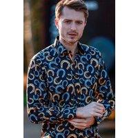 CLAUDIO LUGLI Men's Horseshoe Equestrian Print Shirt in Black | Size: XL