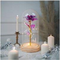 Living and Home Eternal Rose Flower in Glass Dome with Wooden Base & LED Lighting for Gift in Purple