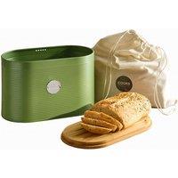 Cooks Professional Ribbed Bread Bin with Linen Bag & 2-in-1 Bamboo Cutting Board Lid in Green