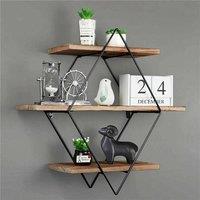 EONLION 3 Tier Diamond Wooden Floating Shelf with Metal Frame in Brown | Size: 500mm