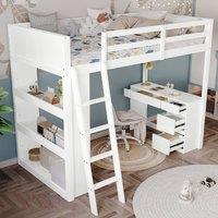 Rolipo White Wooden High Sleeper Bed with Desk & Storage 3ft Single