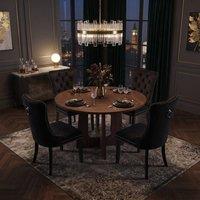 FENCHILIN Farmhouse Dining Table & 4 Velvet Chairs 120cm Round Kitchen Set in Walnut