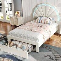 ModernLuxe Velvet single bed with 1 drawer, shell-shaped headboard, LED lights in Beige