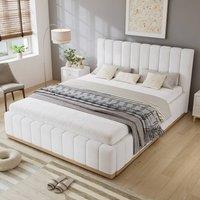 ModernLuxe Upholstered double bed with soft headboard & sturdy slats in Warm White