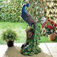mysmartbuy Solar Peacock Ornament - Weatherproof Polyresin Outdoor Garden Decoration with Red LED Lights - H48cm x W21cm x D18cm