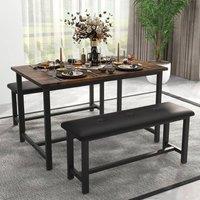 London Boutique 3PCS Dining Table & Benches Set Kitchen Table & 2 Upholstered Benches in Brown