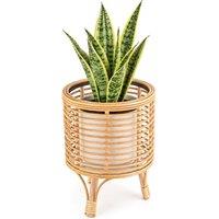 Kelvenix L Rattan Floor Planter Stand with Handle in Brown