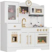 London Boutique Wooden Kids Play Kitchen Set Chef Pretend Playset w/ Stove & Microwave in White