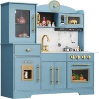 London Boutique Wooden Kids Play Kitchen Set Chef Pretend Playset w/ Stove & Microwave in Blue