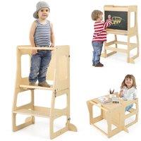 Costway 3-in-1 Foldable Kitchen Standing Tower Montessori Toddler Step Stool w/ Chalkboard in Natural