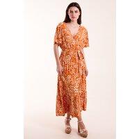 Blue Vanilla Women's Double V Midi Dress With Tassel Tie in Orange | Size: Small