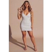 Femme Luxe Women's Knitted Rib Plunge Strappy Bodycon Mini Dress in Grey | Size: 8