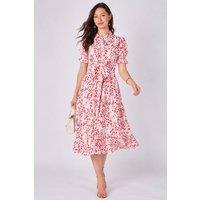 Love Sunshine Women's Red Leaf Print Tie Waist Midi Dress in White | Size: 14