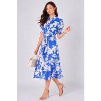 Love Sunshine Women's Blue Floral Print Tie Front Midi Shirt Dress | Size: 12
