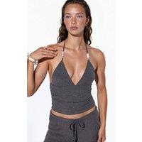 Busem Women's Fitted Halterneck Crop Blouse With Tie Detail in Charcoal | Size: Large