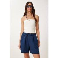 Happiness Istanbul Women's High Waist Wide Leg Cotton Shorts in Navy | Size: 3XL