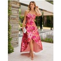 Chi Chi London Women's Bandeau Sweetheart Floral Wrap Detail Dip Hem Dress in Pink | Size: 8