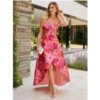 Chi Chi London Women's Bandeau Sweetheart Floral Wrap Detail Dip Hem Dress in Pink | Size: 10