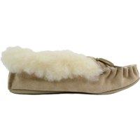SNUGRUGS Women's Slip On Suede Moccasins with Wool Cuff & Rubber Sole. Made in UK in Beige | Size: 4