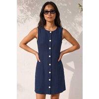 Roman Women's Petite Linen Panel Button Dress in Navy | Size: 16