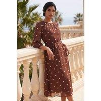 Roman Women's Spot Print Chiffon Pleated Midi Dress in Chocolate | Size: 12
