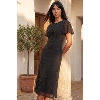 Roman Women's Petite Studded Mesh Midi Dress in Black | Size: 12